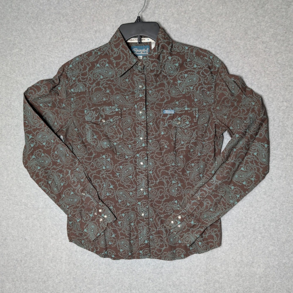Cowgirl Hardware Womens Brown Teal Paisley Steer Skull Western Snap Shirt Large